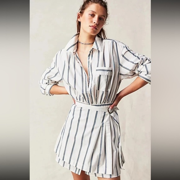 Free People Dresses & Skirts - Free People White Mini Dress with Navy Stripes